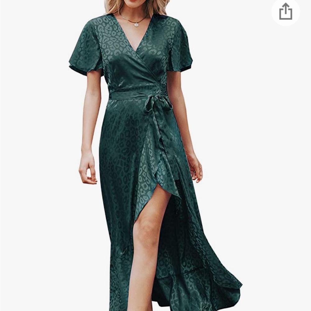 Green wrap wedding guest dress with leopard print